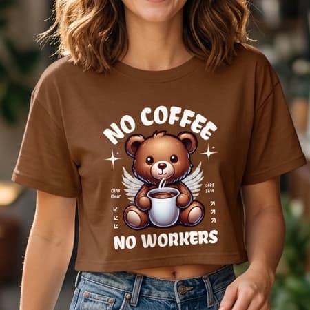 BLUSA ESTILO CROPPED FEMININO ESTAMPADO URSO TOMANDO CAFÉ NO WORKERS