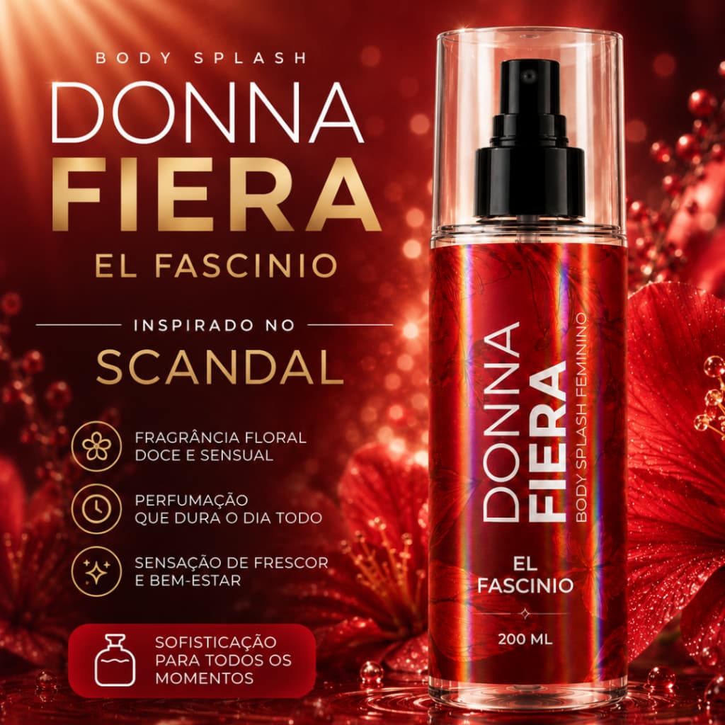 Body Splash Feminino Donna Fiera El Fascinio 200ml Inspiração Scandalo Fragrância Sensual Doce