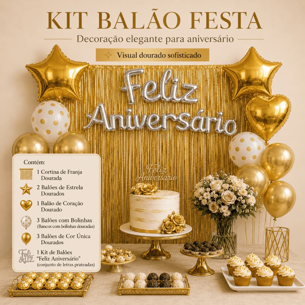 Kit Balão Metalizado Cortina Bexiga Feliz Aniversário Decoração de Festa Completa