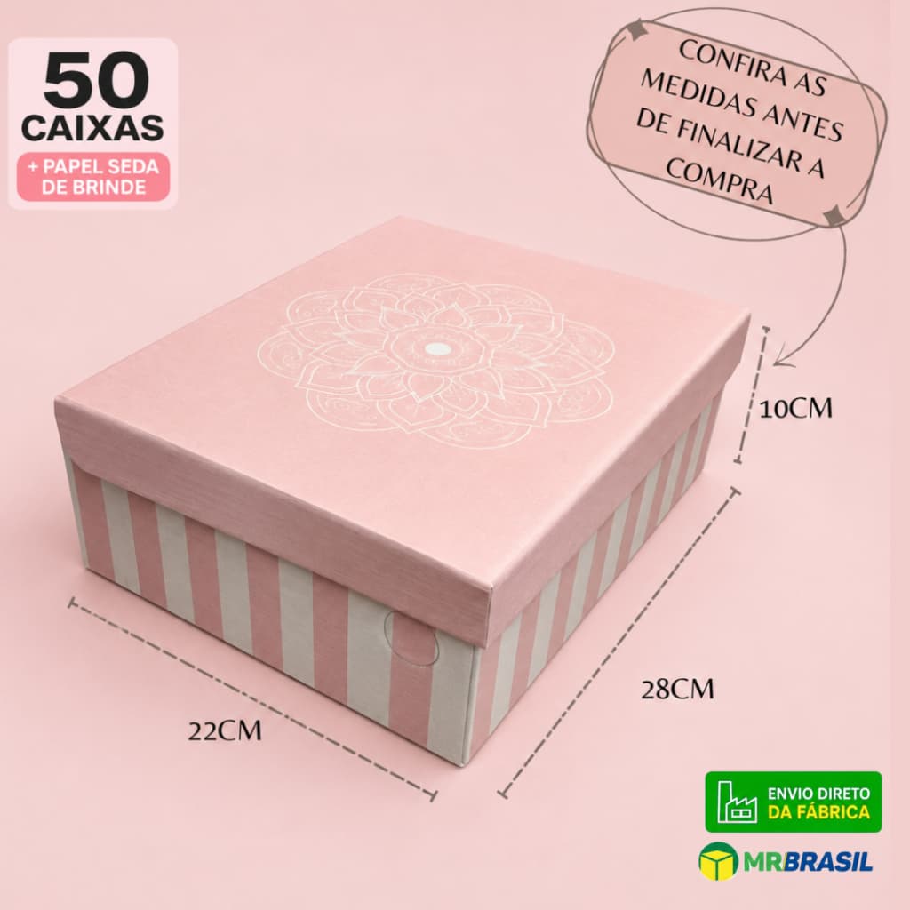 Kit 50 Caixas Rosa para Sapatos 28x22x10cm Calçados Femininos Sandálias com Papel Seda Brinde