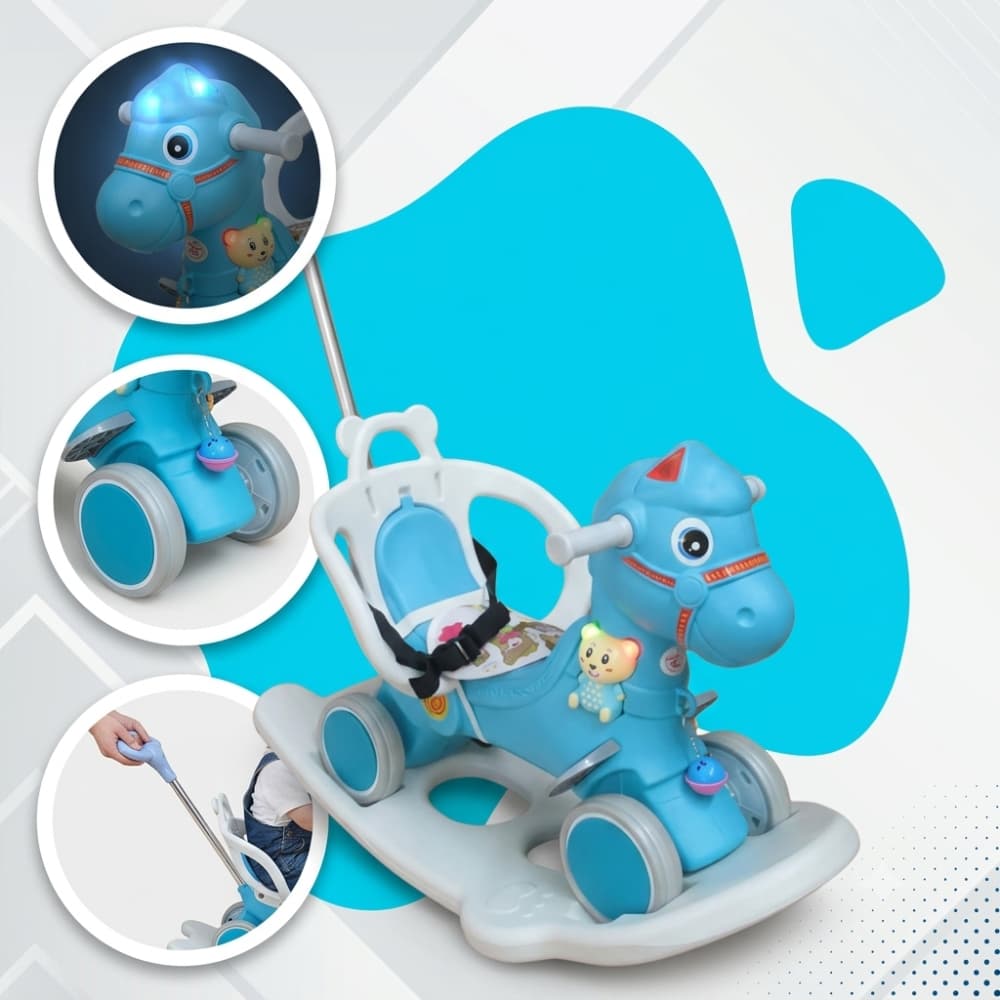 Brinquedo Cavalinho Infantil 3 Em 1 Balanço Andador Empurrador Pedal Haste Direção  Passeio Azul