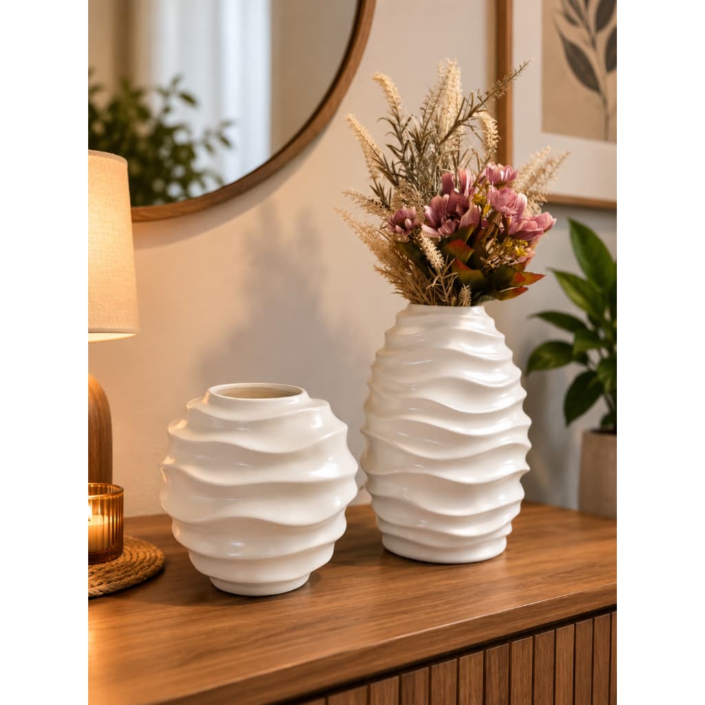 Conjunto De Vasos Decorativos Cerâmica Off White ou Branco Brilhante - Decoração para Salas, mesas, rack, estantes, escr