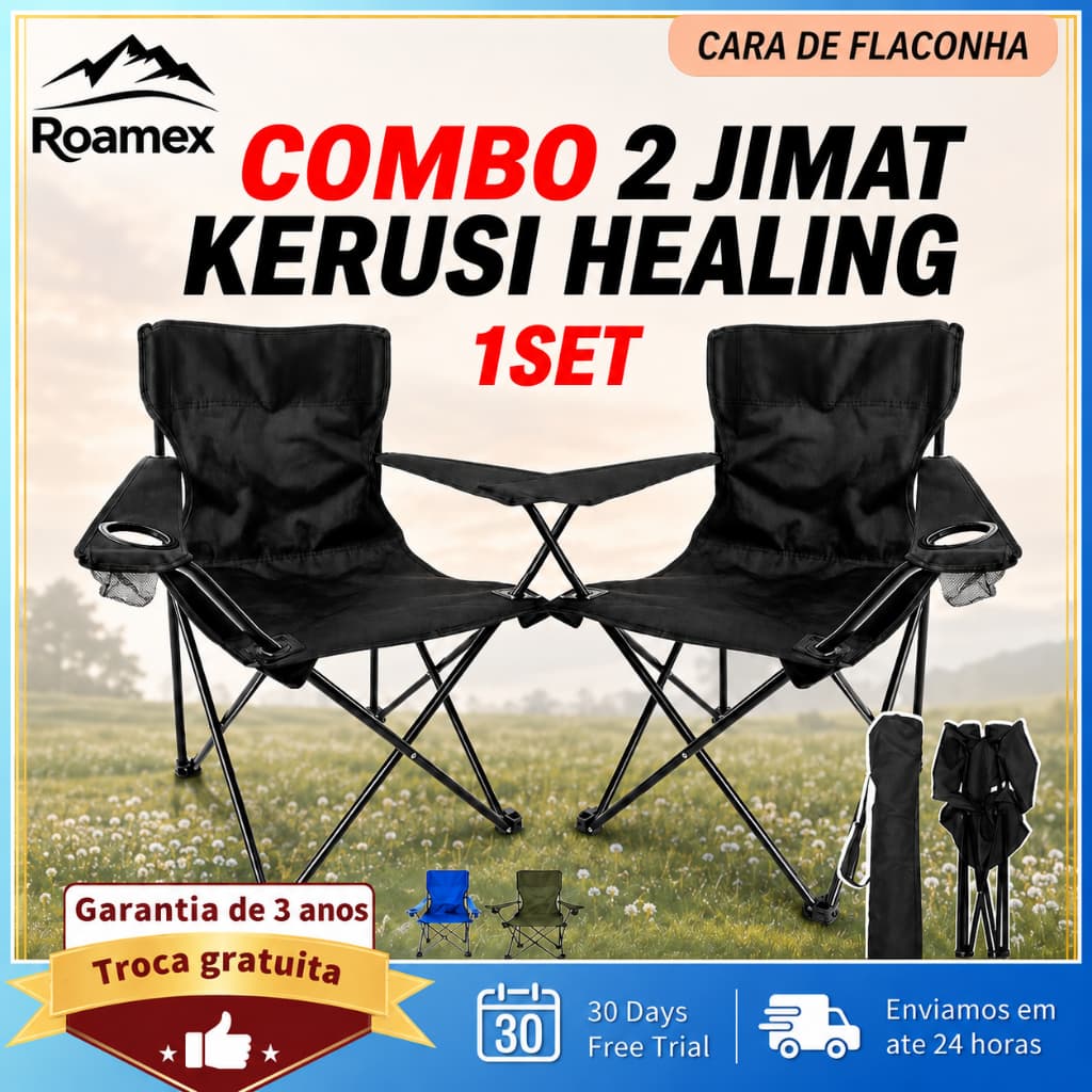 【Roamex】Kit 2 Cadeiras Dobráveis Camping 50x50x80cm com 2 Sacos de Transporte Portátil para Praia Pesca Jardim Viagem