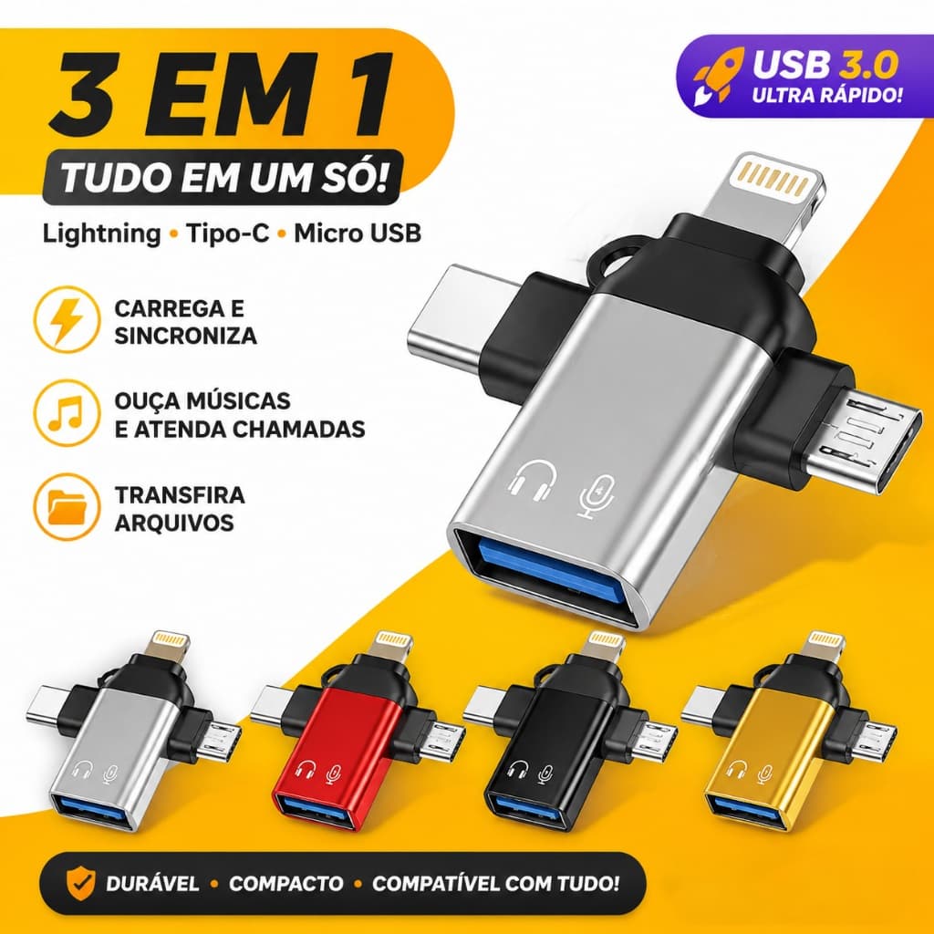 Adeptador OTG 3 Em 1 USB para Lightning/ Tipo C / V8 Universal Multifuncional Universal