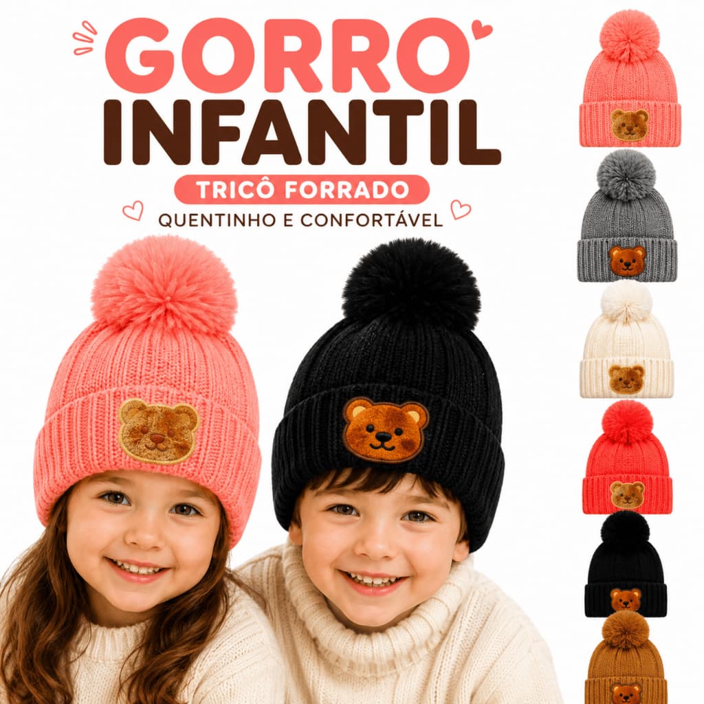 Touca Gorro Infantil Tricô Forrado Quentinho Pompom Menino Menina Masculino Feminino Inverno