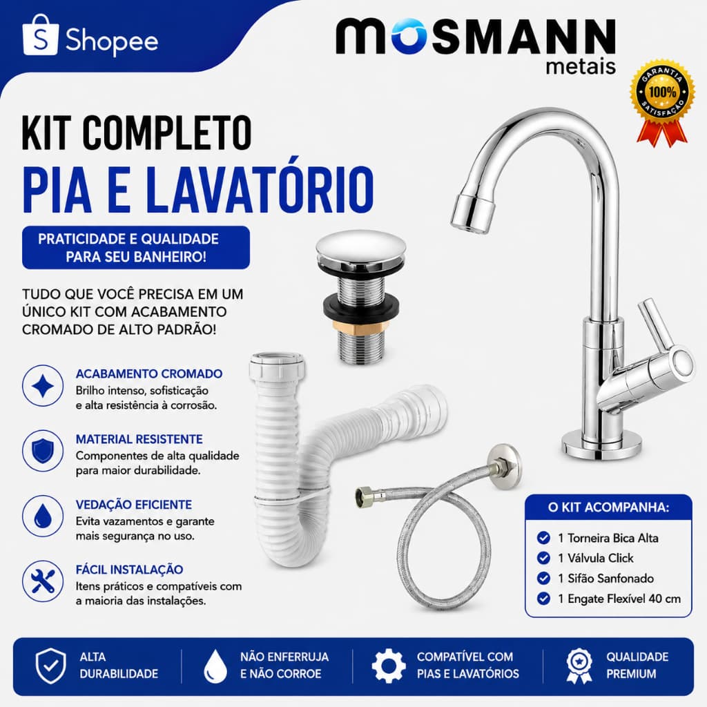 Kit Torneira  ABS 1198 c72 + Válvula Click ABS Cromado + Sifão Branco + Engate Flexível 40cm