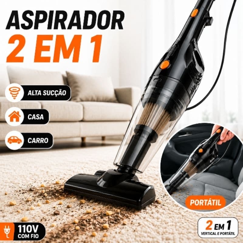 Aspirador de Pó Vertical 2 em 1 Alta Sucção 110V Portátil Casa Carro Sofá Tapetes Pelos Pet