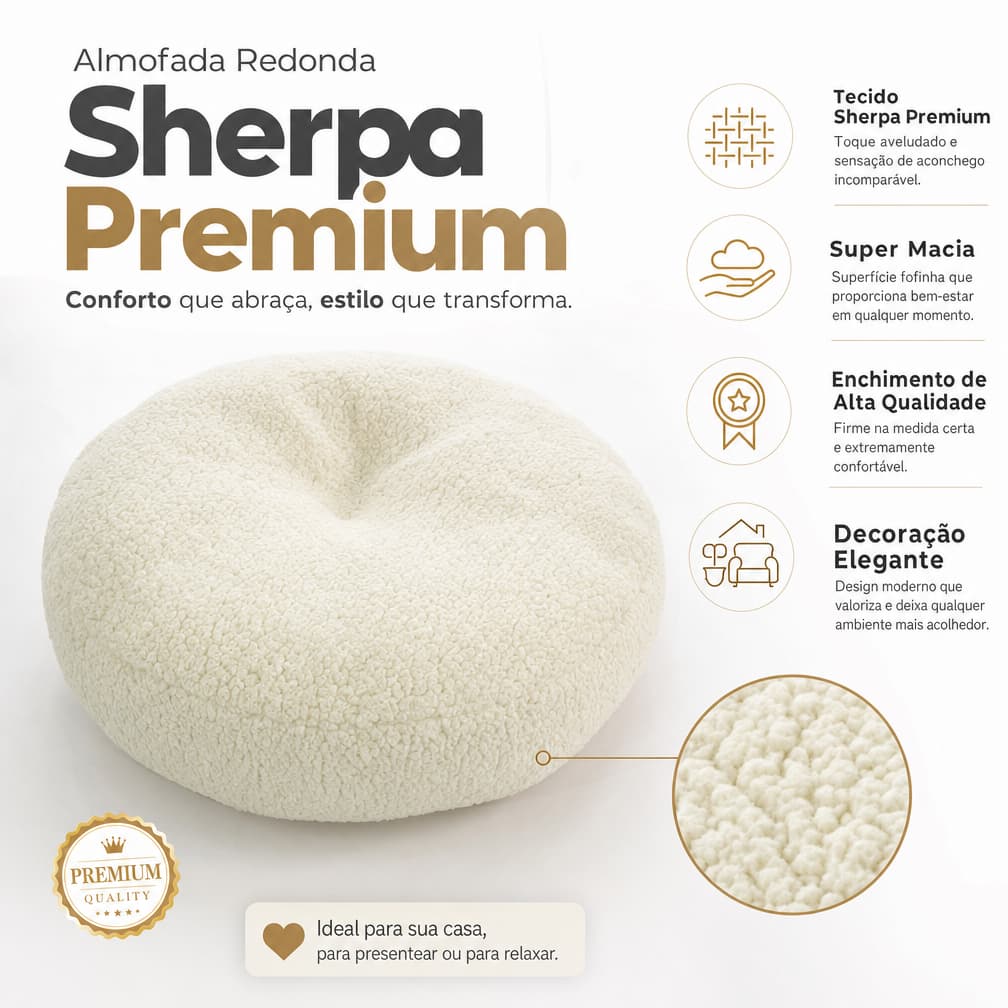 Almofada Redonda Sherpa Cheia Decorativa Premium Para Sofá Quarto Sala Macia 45x45