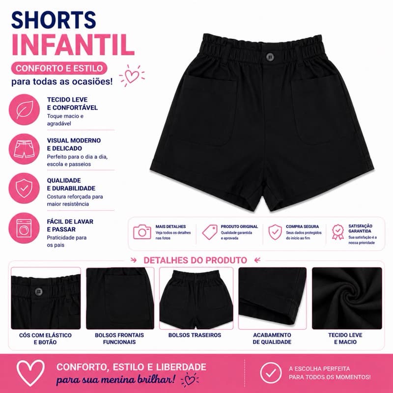 Shorts Bermuda Sarja Infantil Preta Tamanho 10 ao 16