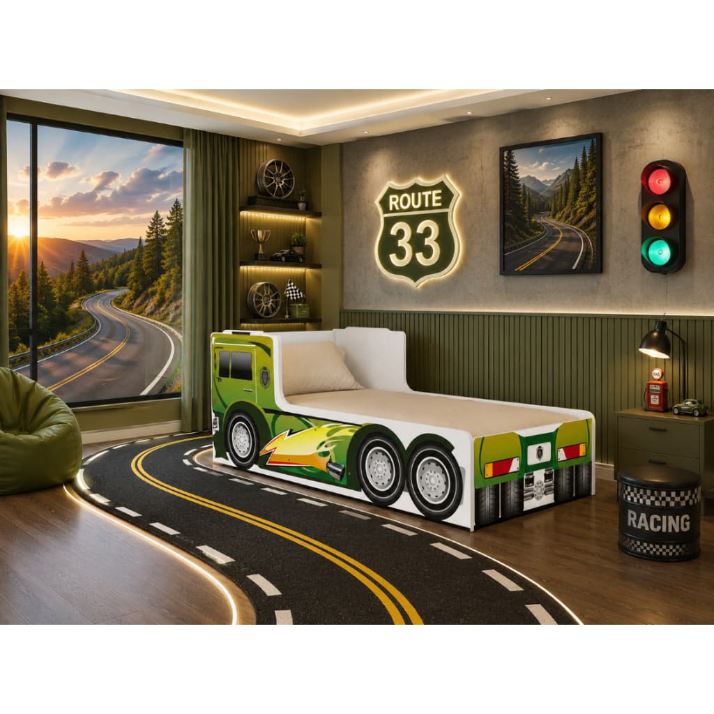 Mini Cama Montessoreana Infantil Route 33 Truck + Colchão Com Proteção Laterais
