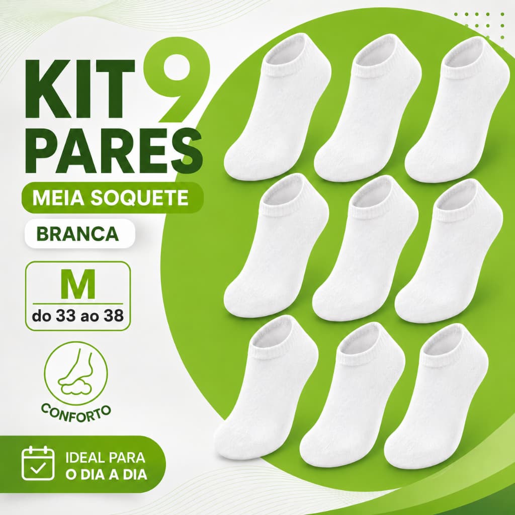 Kit 9 Pares Meia Soquete Branca Tamanho M 33 ao 38 Cano Baixo Invisível Unissex Conforto para Tênis