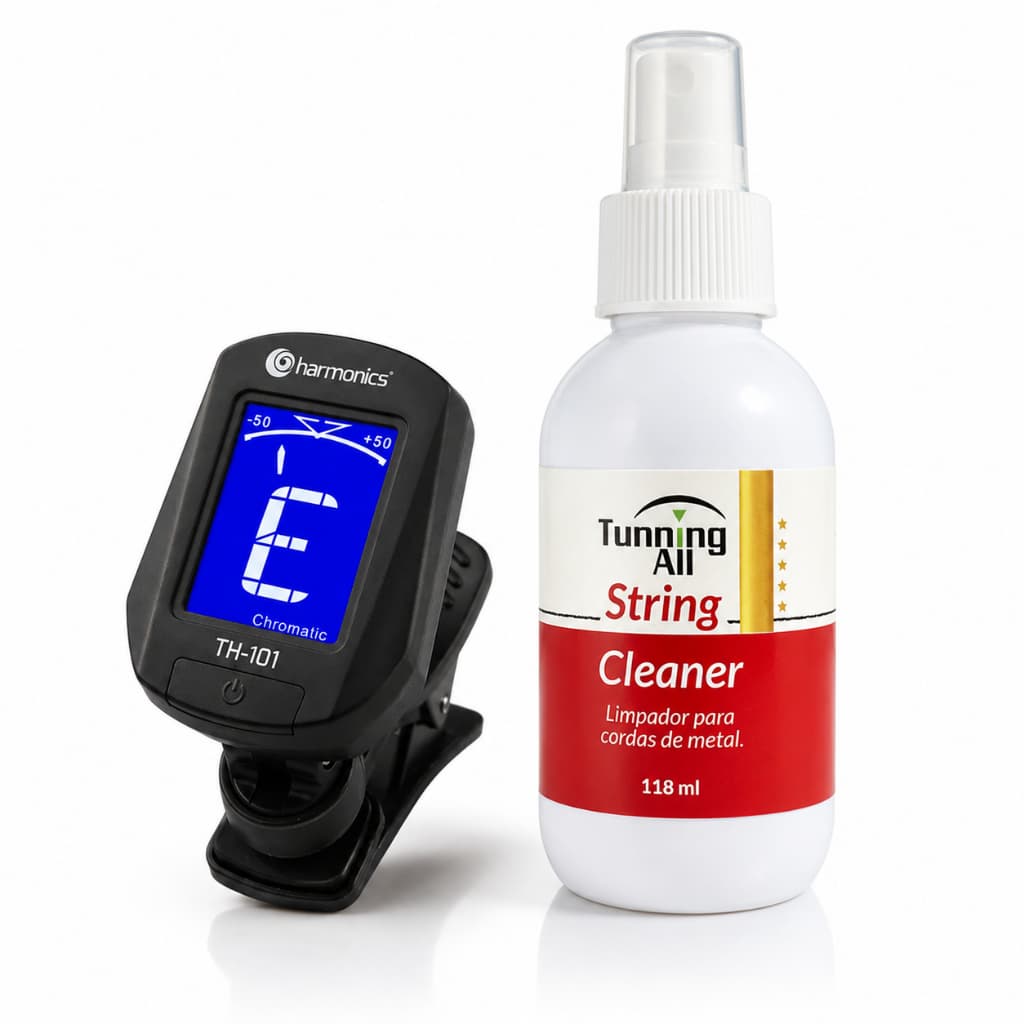 KIT AFINADOR DIGITAL + STRING CLEANER LIMPADOR DE CORDAS DE METAL E AÇO PARA GUITARRA VIOLÃO VIOLA CAVAQUINHO VIOLINO