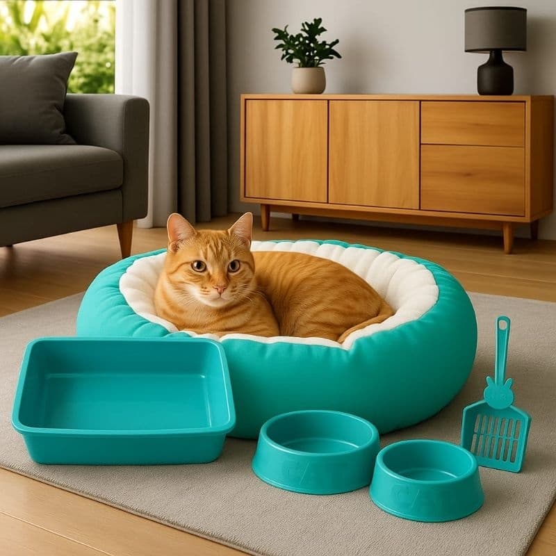 Kit caminha sherpa para gatos + caixa de areia + 2 comedouros e pá