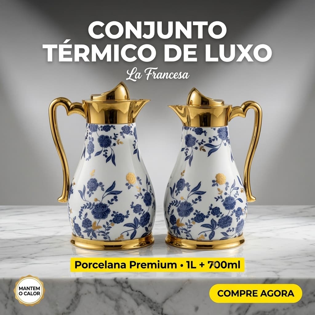 Garrafa Térmica Porcelana Luxo Floral Azul Árabe Conjunto 1L + 700ml Lindo Design Floral Exclusivo