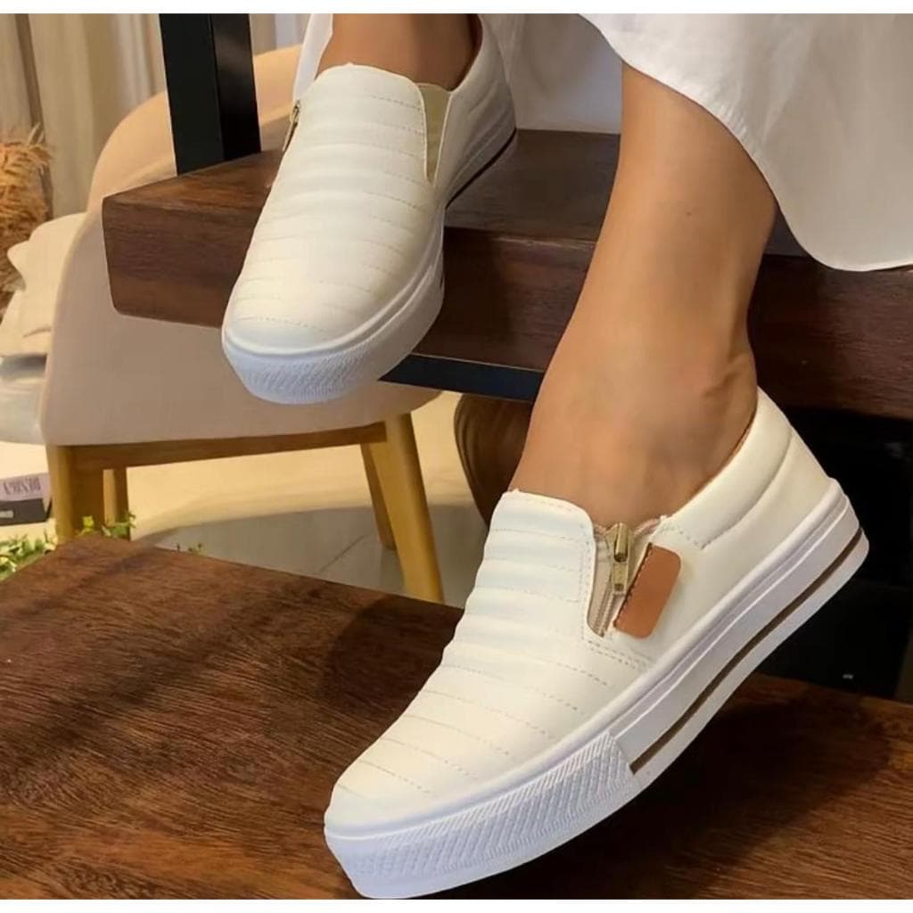 Tênis Feminino Casual Slip-on Calce Fácil Com Zíper Confortável Sapatilha Iate Feminino