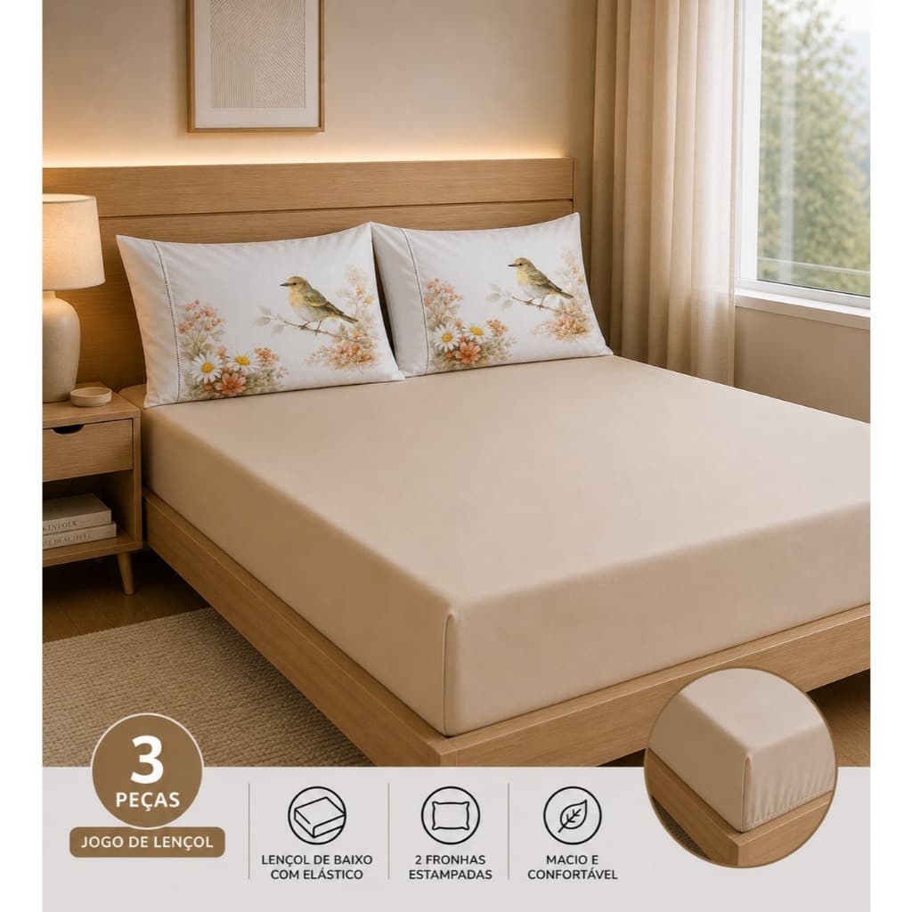 Jogo de Lençol 3 Peças Micropercal 400 Fios Cama Solteiro Casal Queen King Ponto Palito Fronha Estampada Passáro