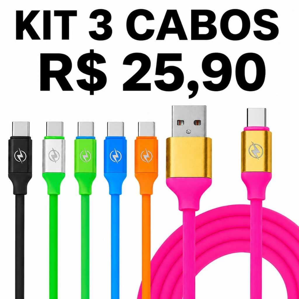 KIT 3 CABOS USB/TIPO C - 1.2m CARGA RÁPIDA