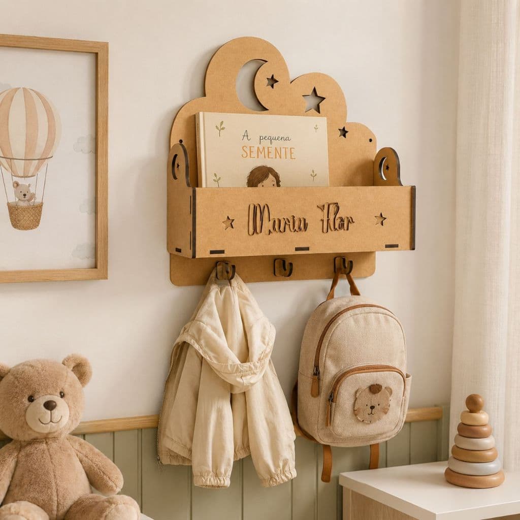 Organizador Infantil Nuvem MDF Personalizado Porta Livros Com Ganchos Quarto Criança