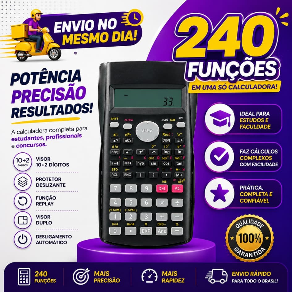 Calculadora Cientifica 240 Funções com Capa Protetora A Pilha Financeira Matemática Escolar Faculdade Trabalho 2 Linhas