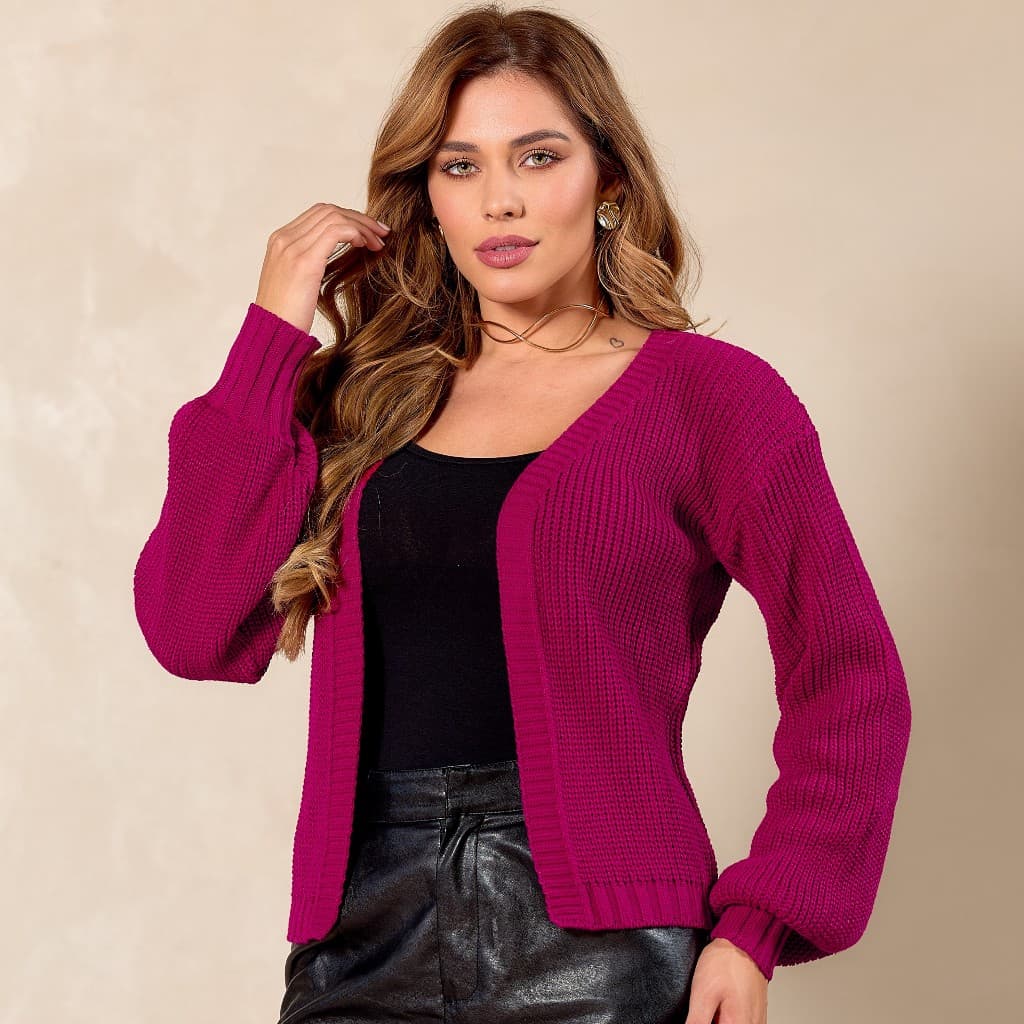 Casaco Curto Jovem Moderno Elegante Cardigan Inverno Menina Blogueira Grosso Manga Bufante