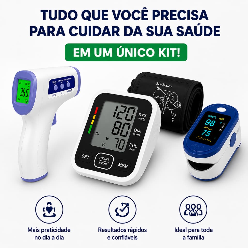 Kit 3 em 1 monitor de pressão+Termometro de testa sem contato+oximetro de dedo digital