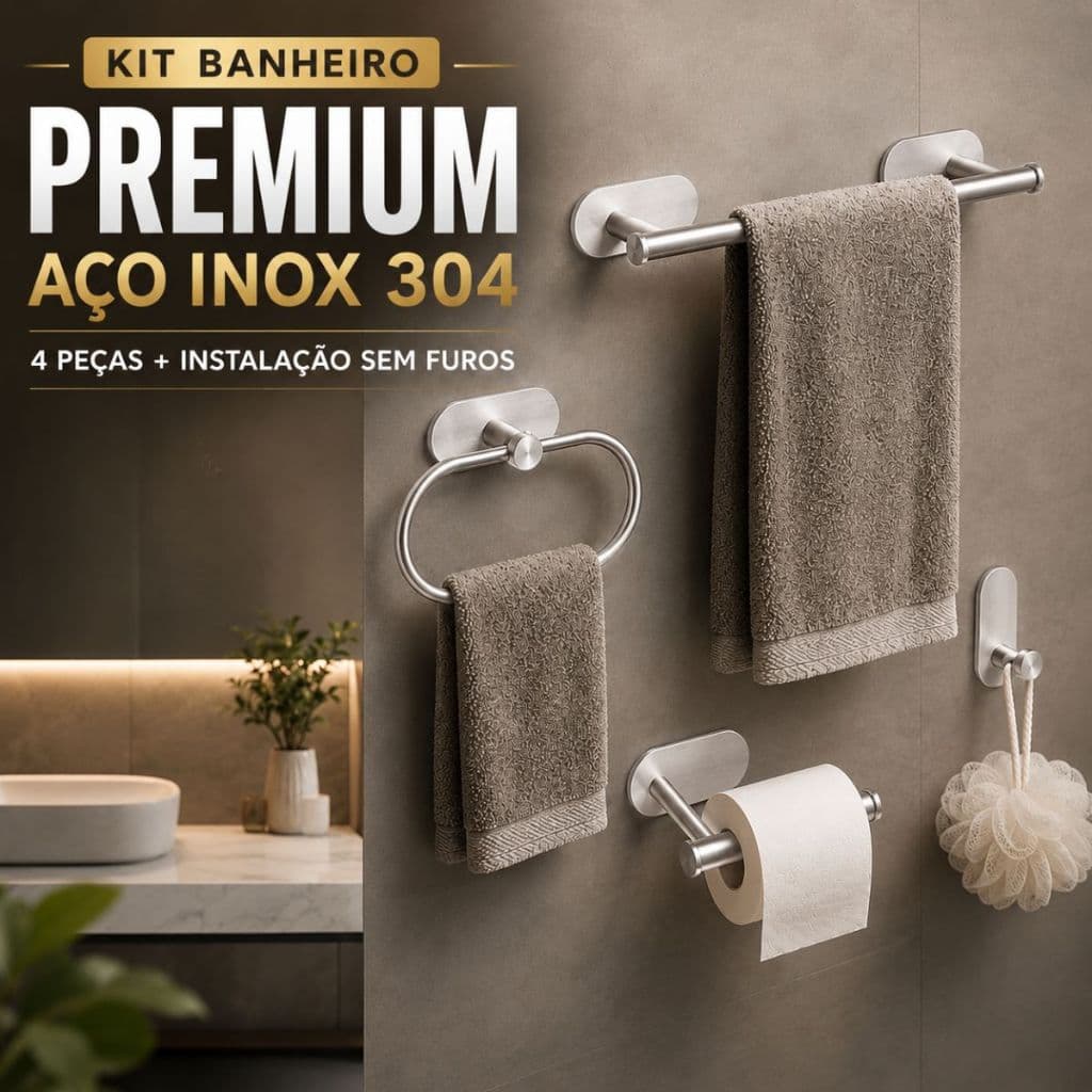 Kit Acessórios Banheiro Gancho Papeleira Cabide Toalheiro Sem Furo Adesivo 4 Peças Aço Inox Cromado