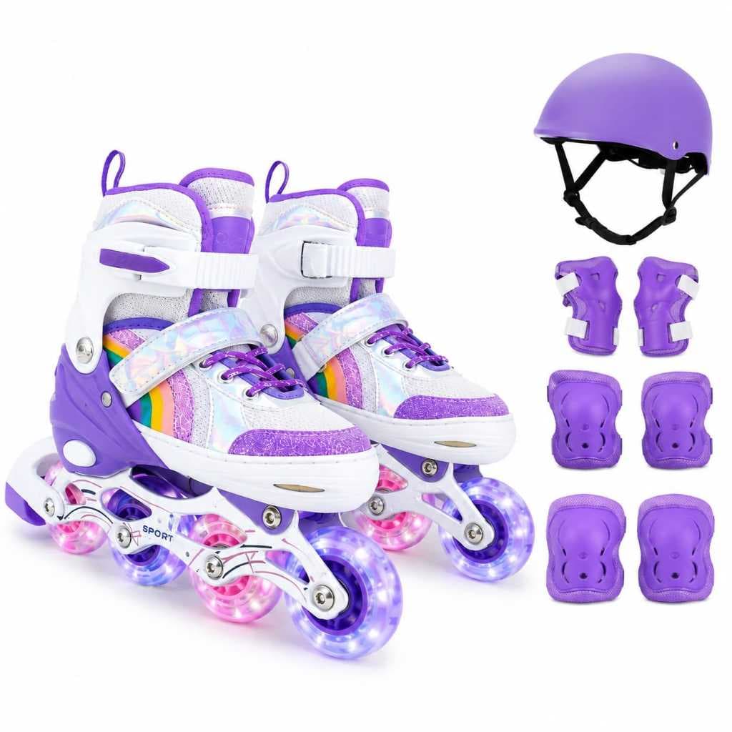 Patins Roller Arco Iris Com Led Roxo + Kit Proteção