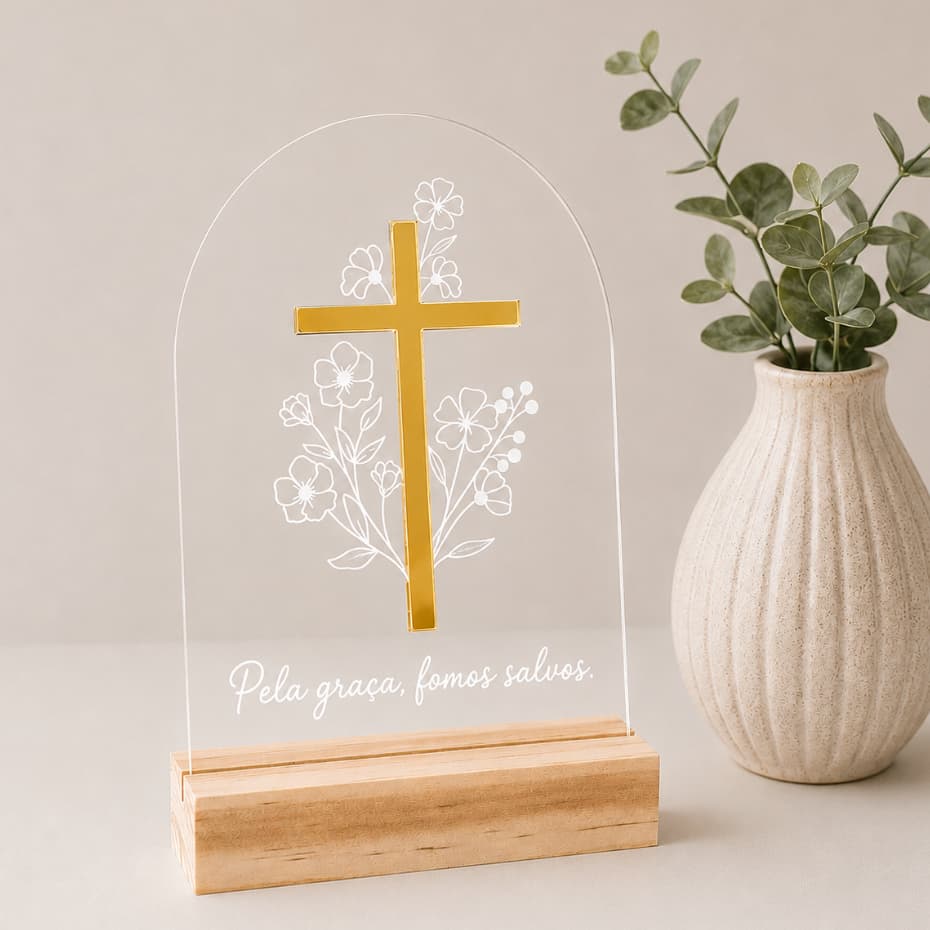Placa Decorativa Cristã em Acrílico com Cruz Espelhada | Pela Graça, Fomos Salvos. Personalizado | Presente Evangélico