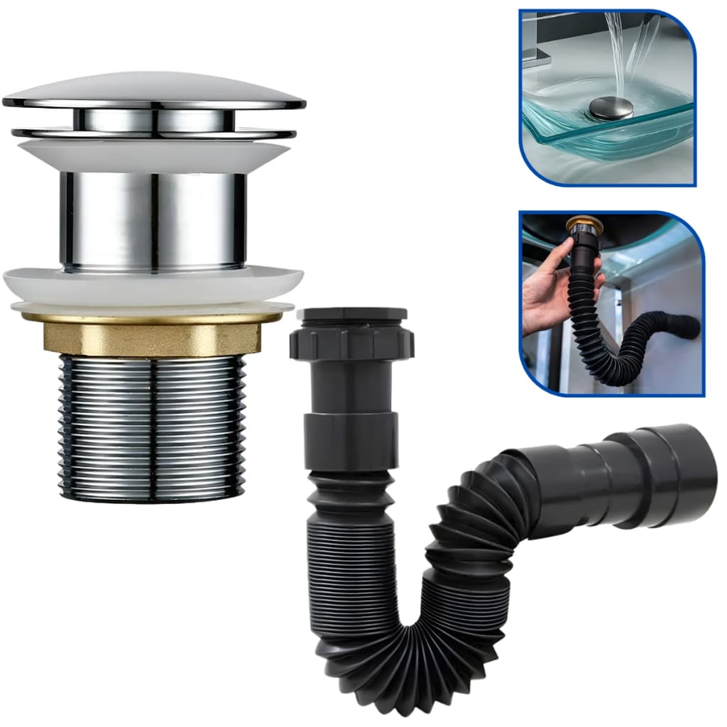 Kit Válvula Click 1.1/4 Aço Inox  + Sifão Flexível Preto para Banheiro Lavatório Tanque