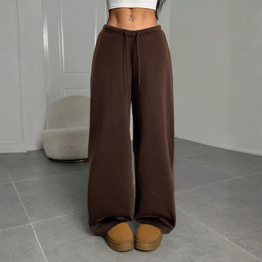 Calça Moletom Wide Leg Baggy Marrom Feminina Streetwear Perna Larga