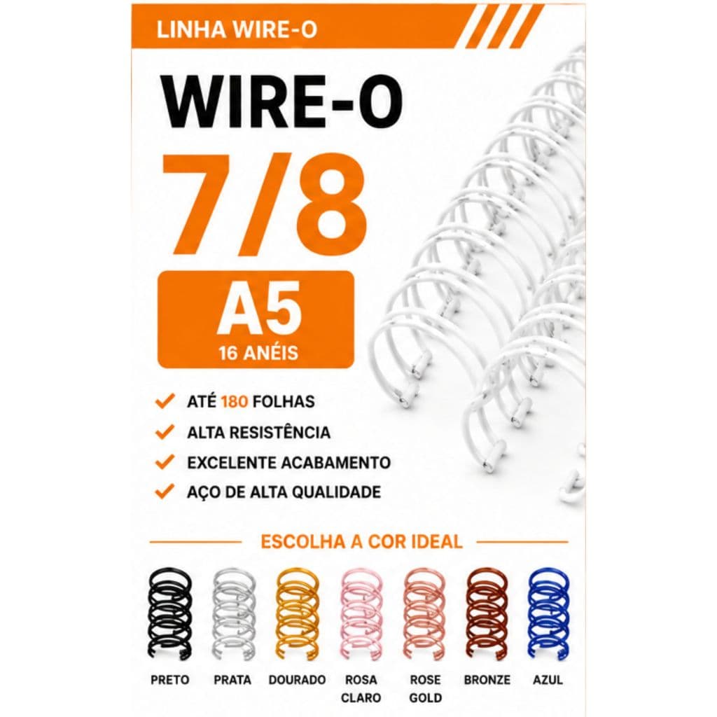 WIRE-O PARA ENCADERNAÇÃO 2X1 A5 7/8" 180 FLS BRANCO,PRETO,PRATA,ROSE GOLD,DOURADO,ROSA CLARO,BRONZE
