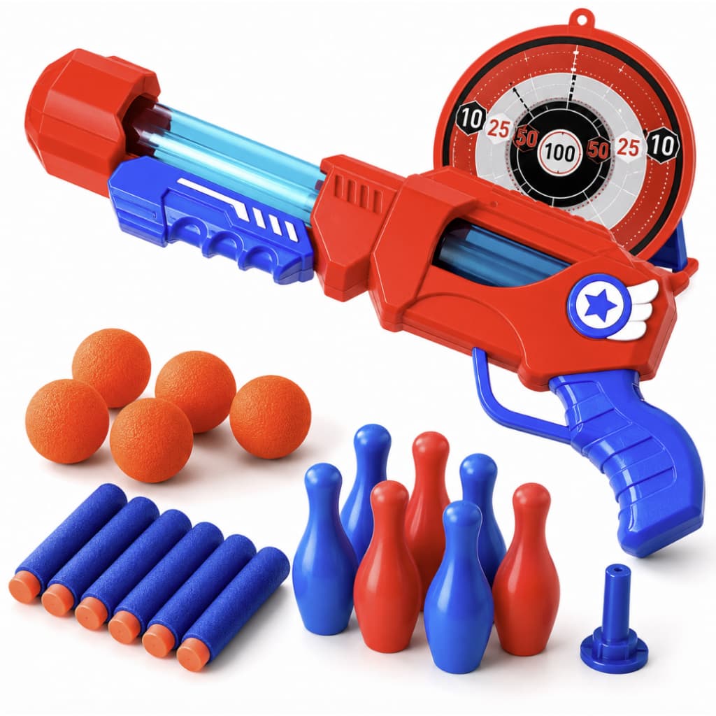 Kit Infantil de Tiro ao Alvo com Lançador, Dardos, Bolas Macias, Pinos e Alvo