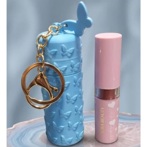 Porta Batom Chaveiro Feminino Borboleta Organizador Compacto para Bolsa Necessaire Azul com Pingente