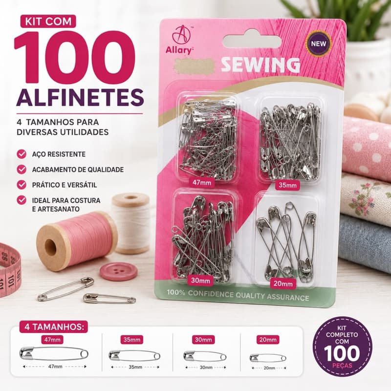 Kit com 100 Alfinetes de Segurança Sortidos – 4 Tamanhos para Costura e Artesanato