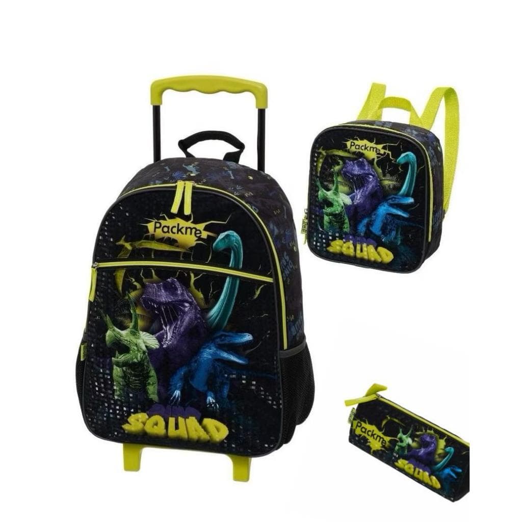 Kit Mochila de Rodinha PackMe Squad Dinossauro Original Pacific Lancheira Estojo