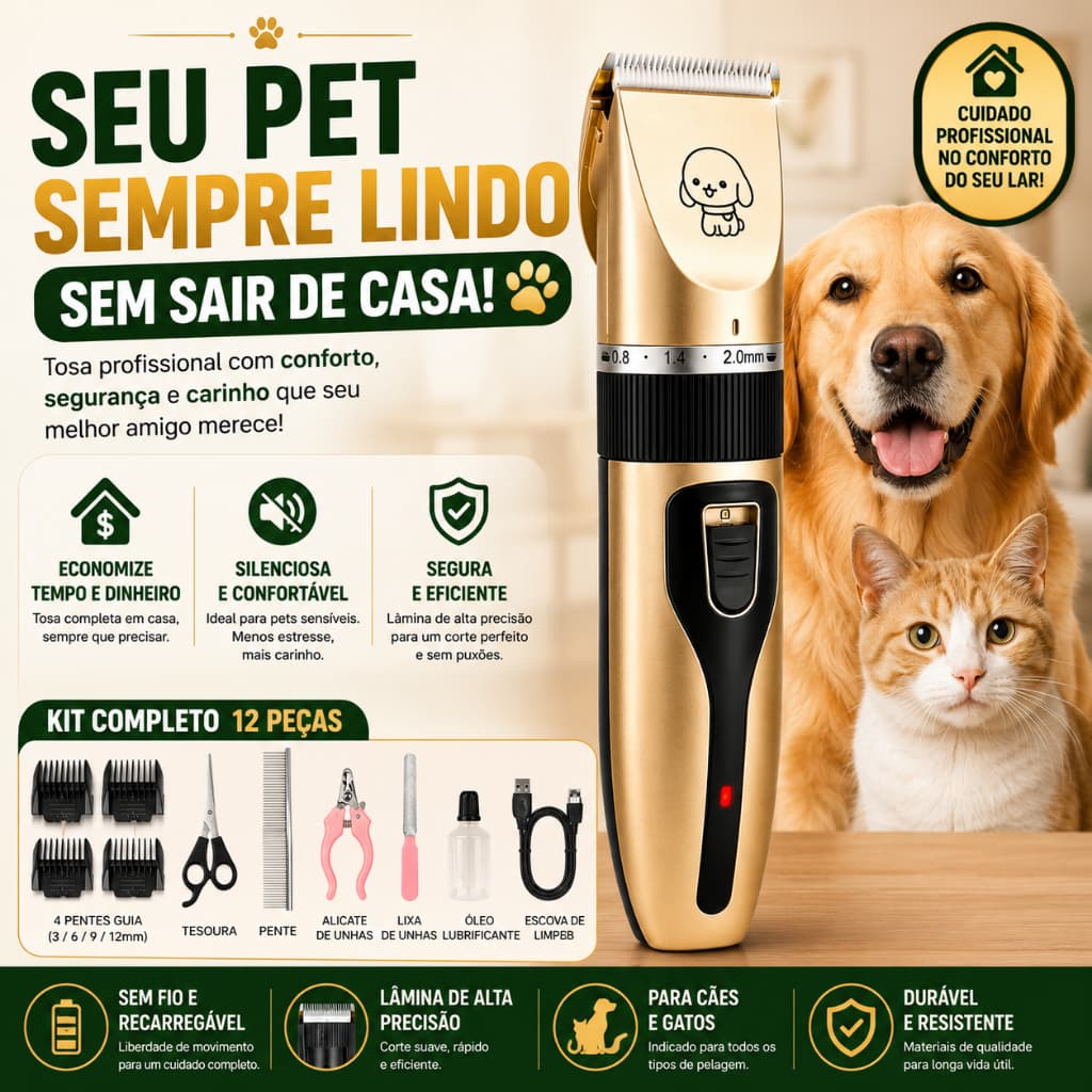Máquina Tosa Pet Profissional Sem Fio Recarregável Kit 12 Peças Cães Gatos Silenciosa