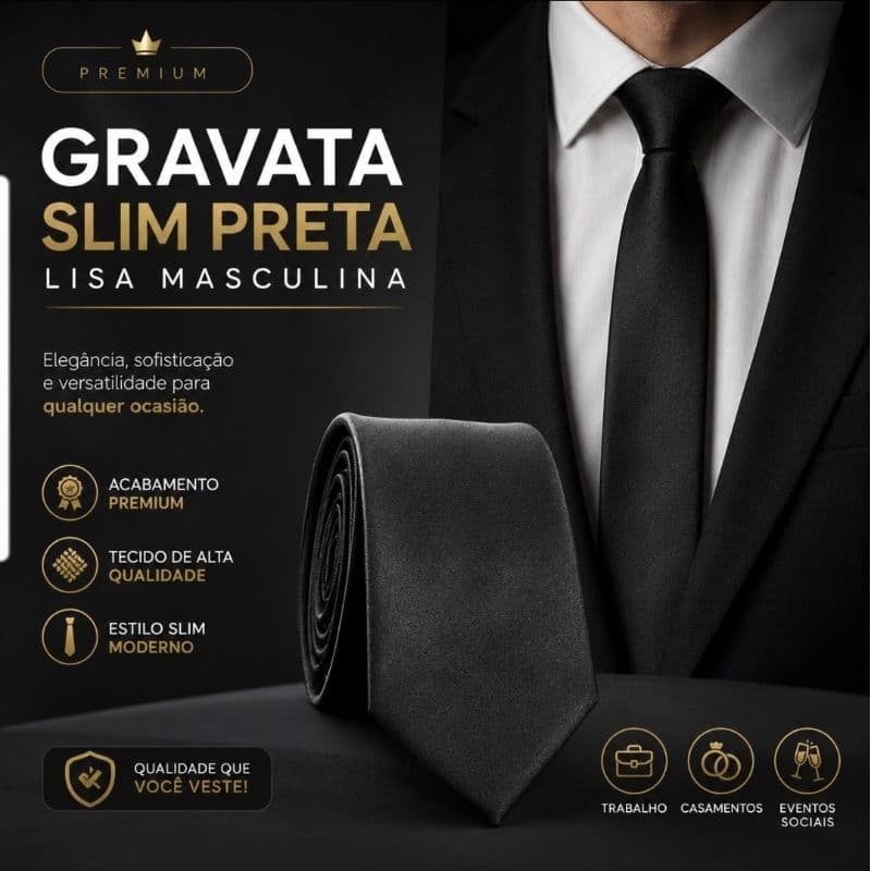 Gravata Slim Preta Lisa Masculina Premium 6cm Social Elegante para Casamento Trabalho Festa