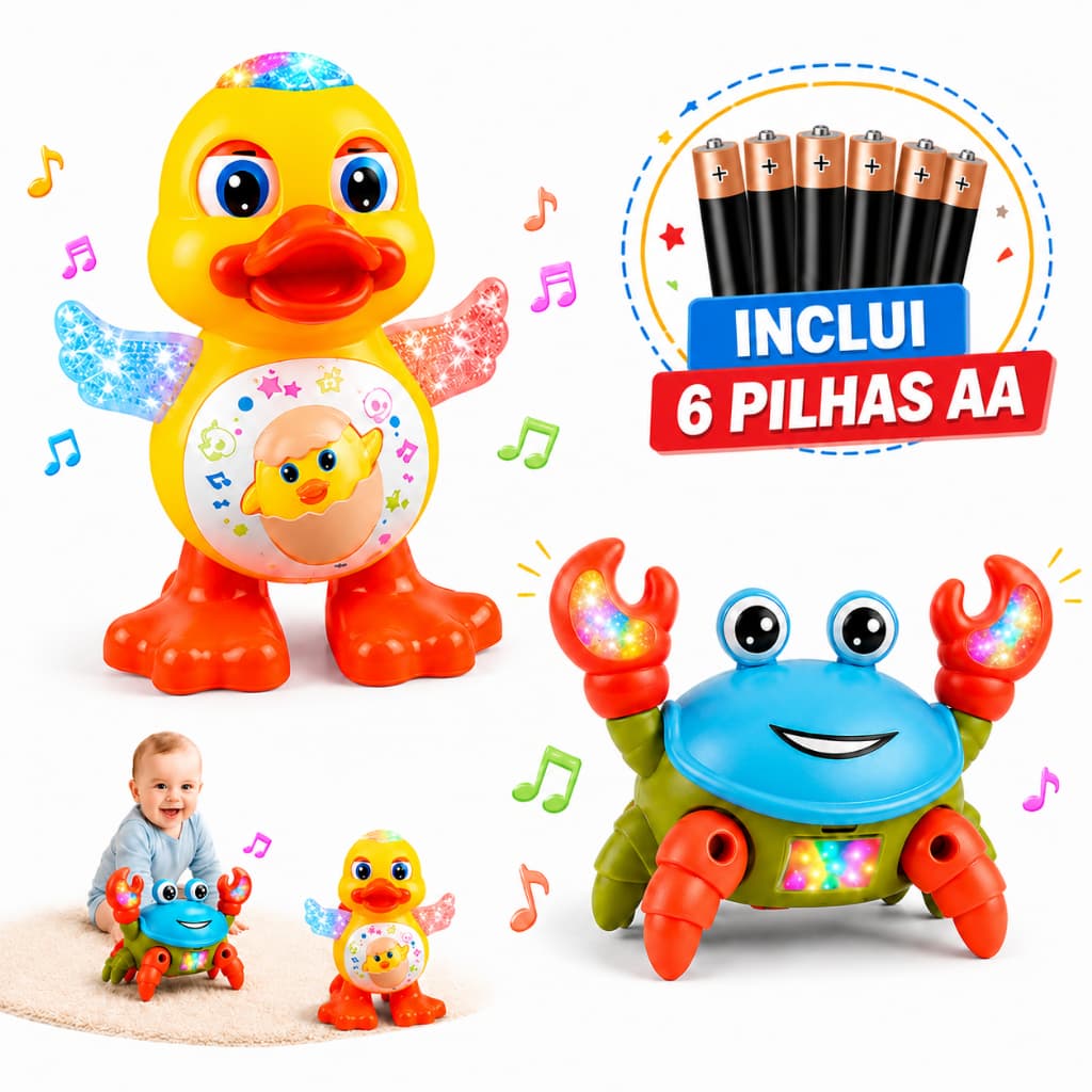 Pato Dançarino e Caranguejo Fujão Com PILHA Dançante Brinquedo Musical Luz Som Movimento Infantil