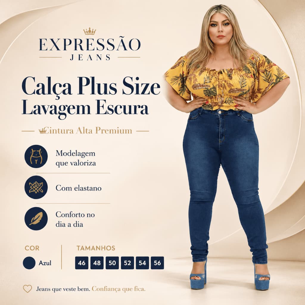 Calça Plus Size feminina cintura alta lavagem escura