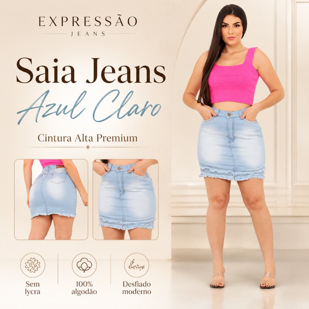 Saia Jeans sem Lycra feminina com desfiado na frente premium