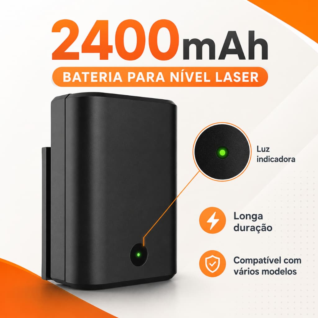 Bateria para Nível a Laser, 2400mAh | Seta Inteligente com Indicador de Carga e Longa Duração
