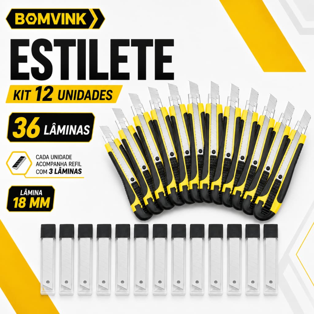 Kit 12 Estilete + 36 Refil de Lâminas Profissional Emborrachado Atacado Lâmina Extra Canivete Premium Grande Quantidade