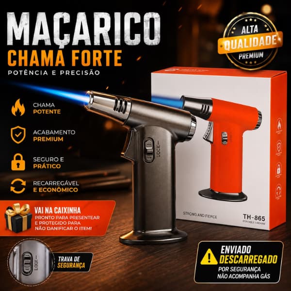 Maçarico Portátil Recarregável Chama Azul | Trava de Segurança | Vai Descarregado por Segurança