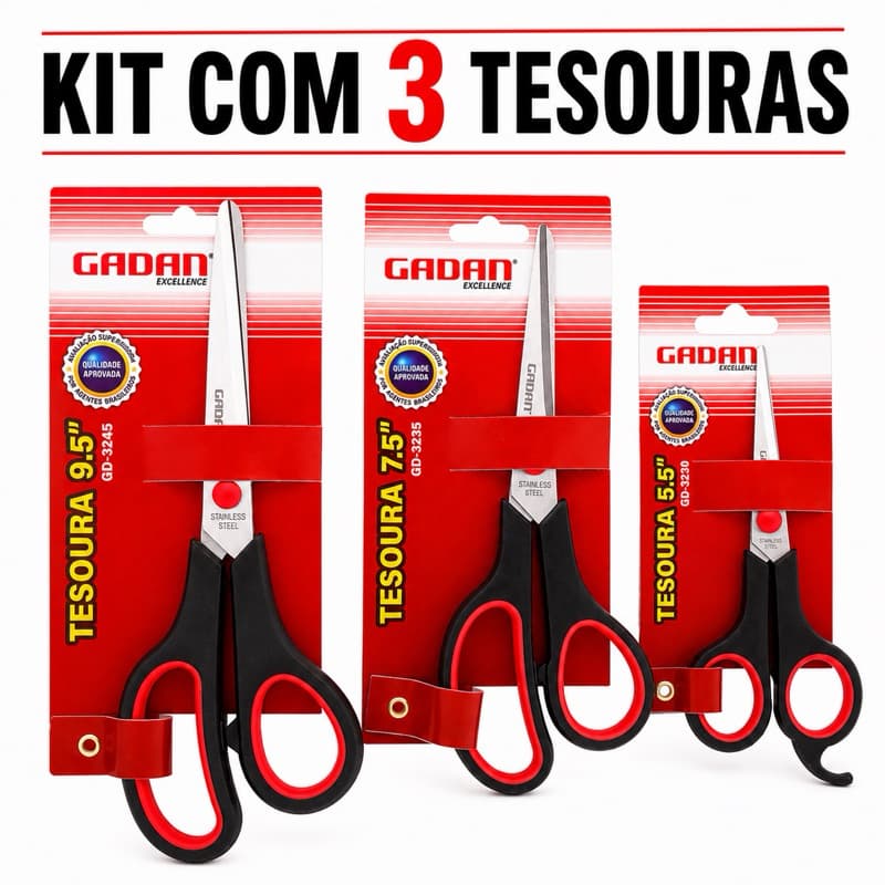 Kit Tesouras Gadan Cabo Emborrachado Aço Inox 3 Unidades