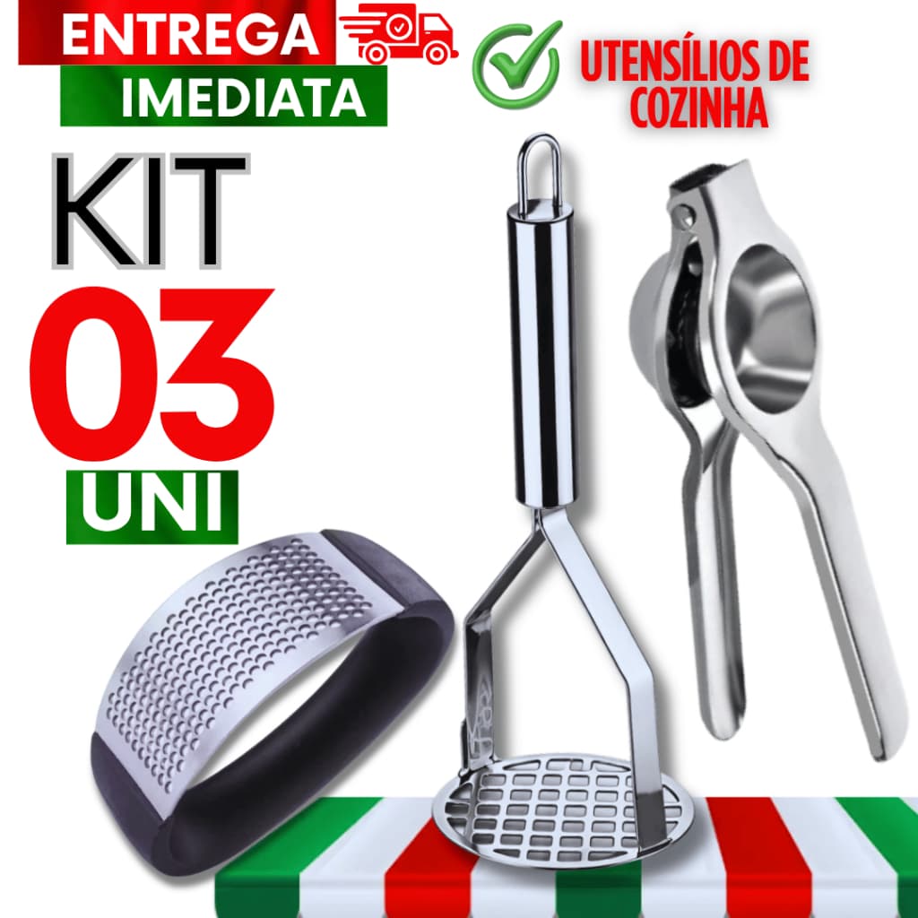 Combo Amassadores Batatas e Espremedor Limão e Amassador Alho Aço Inox Robusto Cozinha Praticidades
