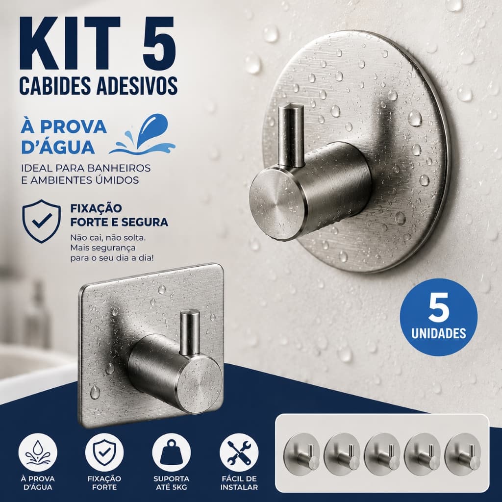 Kit 5 Ganchos De Aço Adesivos Pendurar Casaco Chapéu Luxo