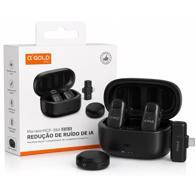 Microfone Sem Fio A’Gold Pro MCF-38A 2 em 1 Lapela Duplo Redução Ruído IA Celular Live Vídeo
