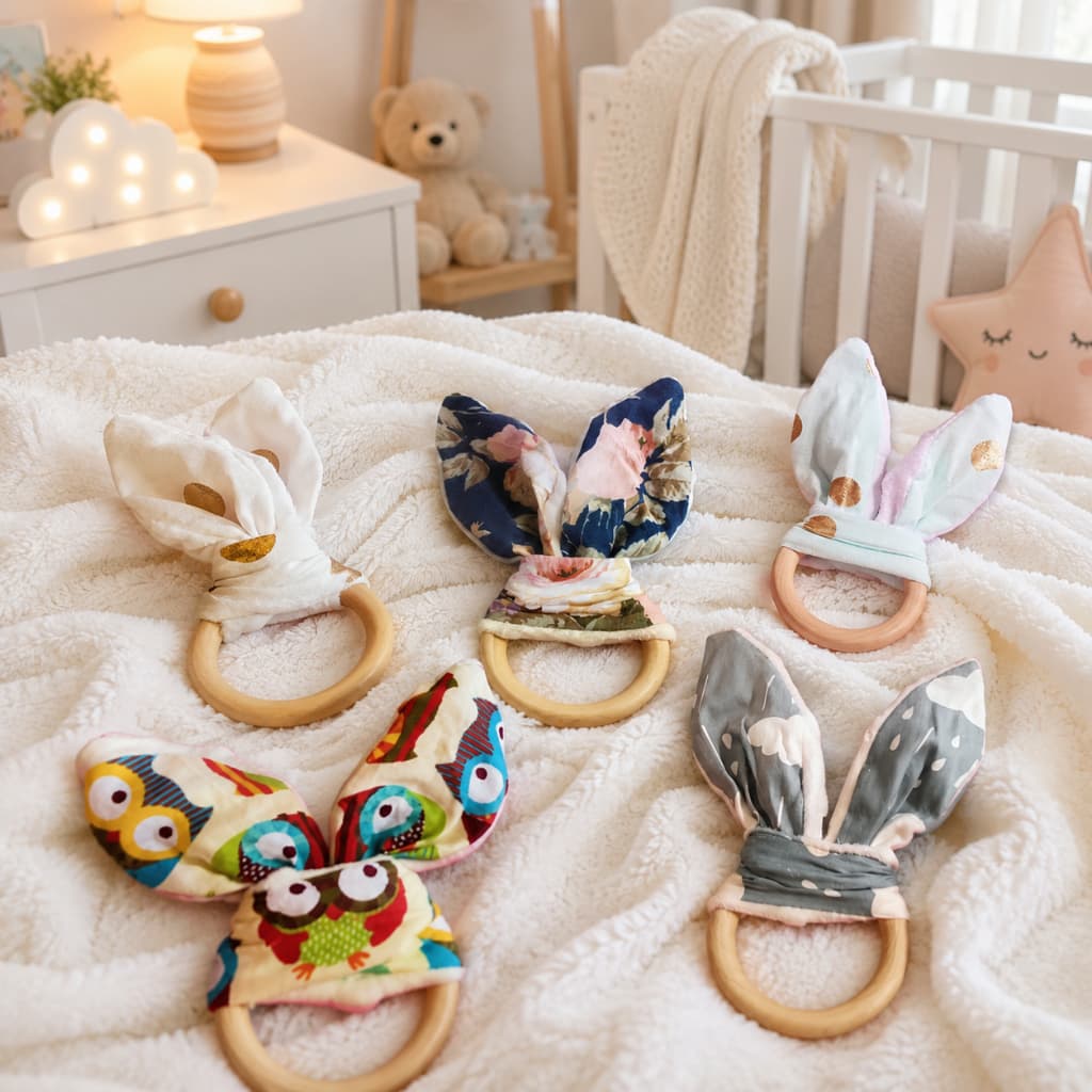 Mordedor Montessori Argola De Madeira Com Orelhas De Coelho Em Tecido Para Bebê