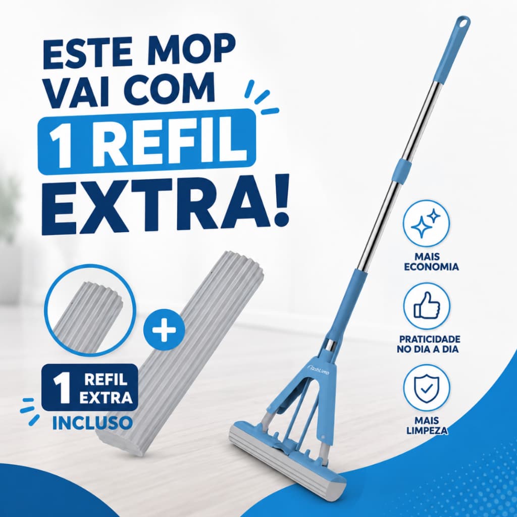 ATacado Mop Rodo Fácil Enxuga Com 1 refil extra Varre Esfregão Rodo Vassoura Refil