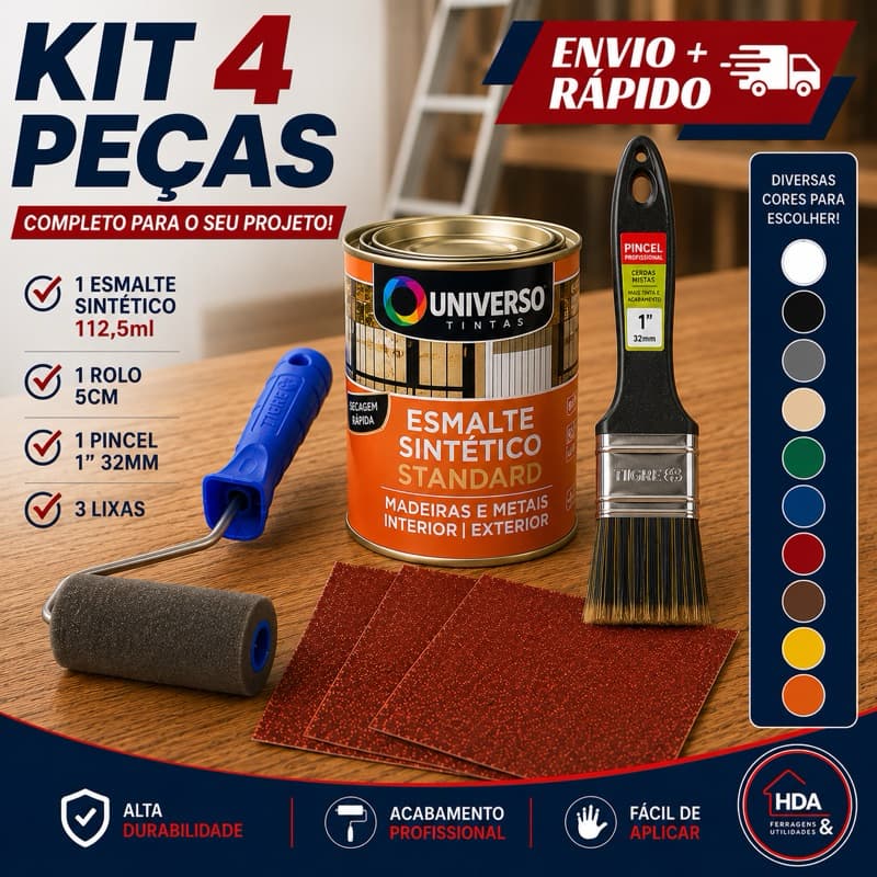 Kit Pintura Esmalte Sintético 112,5ml Completo Com Pincel 1 Polegada Rolo 5cm e 3 Lixas